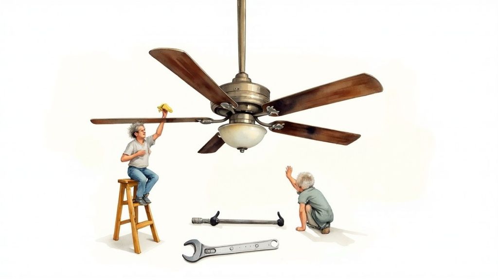 Whimsical illustration of two small figures cleaning and fixing a large ceiling fan.