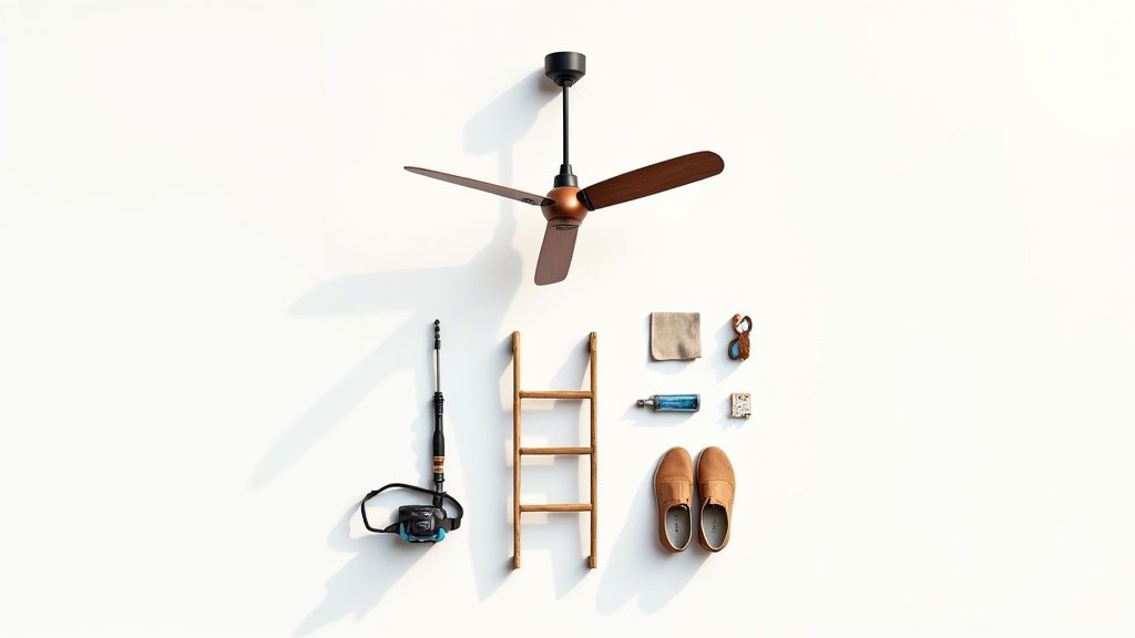 A ceiling fan, a ladder, cleaning supplies, and shoes laid out on a white background.