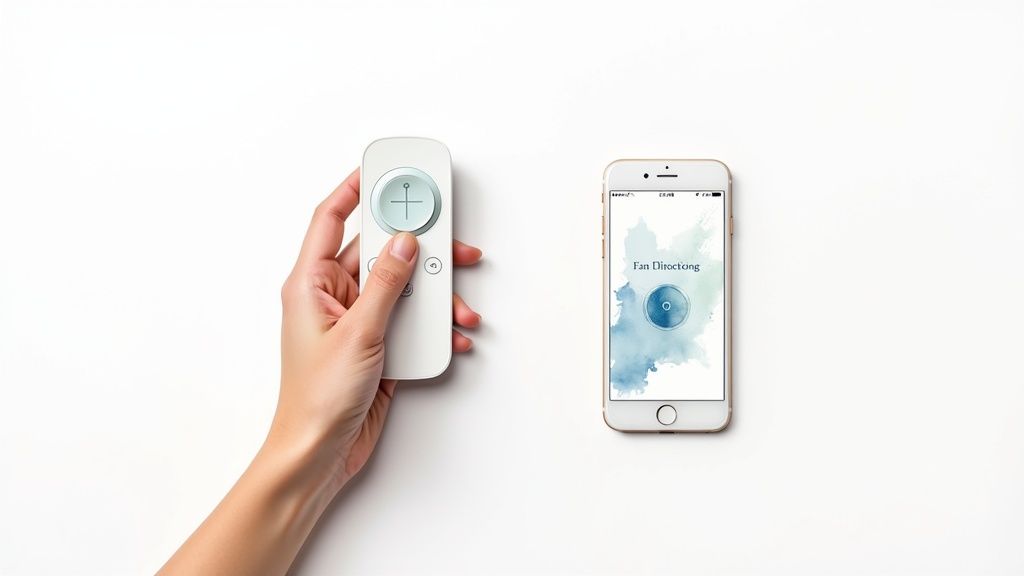 A hand holds a white fan remote control next to a smartphone displaying a fan direction app.