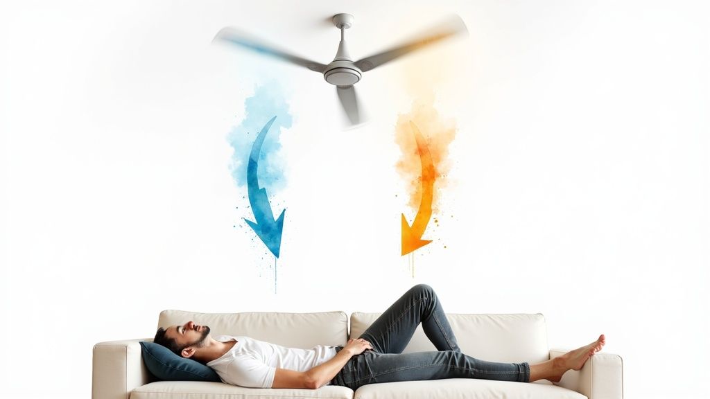 A man lies on a sofa under a ceiling fan with blue and orange arrows for cooling and heating.