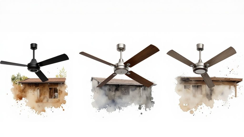 A rustic outdoor 60 inch ceiling fan with weathered wood-look blades on a covered porch.