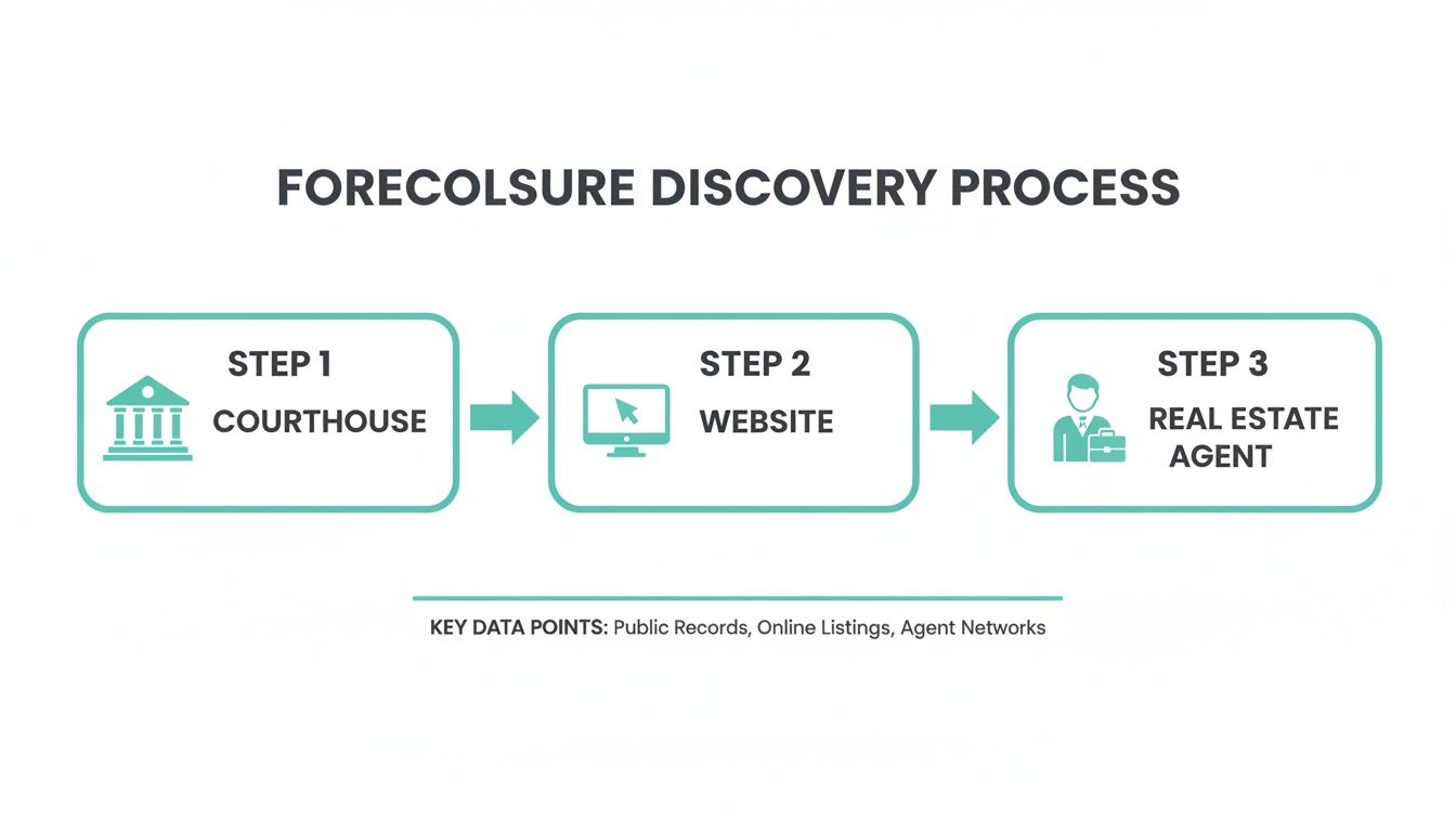 A diagram illustrating the foreclosure discovery process, showing steps from courthouse to website to a real estate agent.