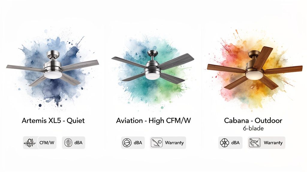 Three energy-efficient ceiling fans: Artemis XL5 (quiet), Aviation (high CFM/W), and Cabana (outdoor 6-blade).
