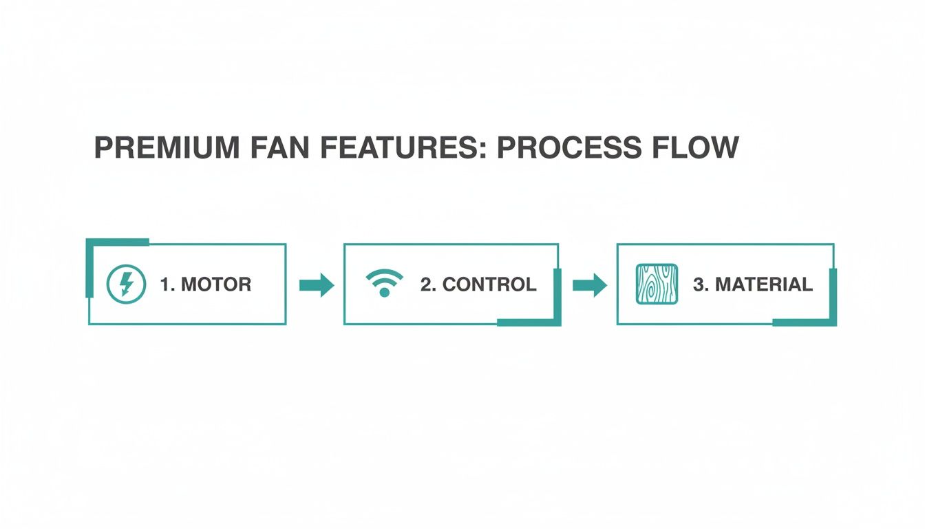 A process flow diagram illustrating premium fan features: motor, control, and material components.