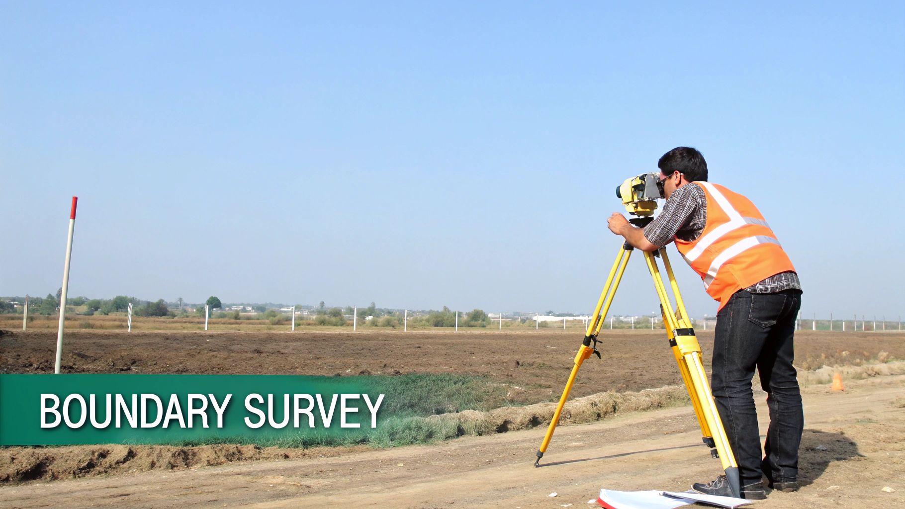 A surveyor in an orange vest uses a surveying instrument on a tripod in a field, conducting a boundary survey.