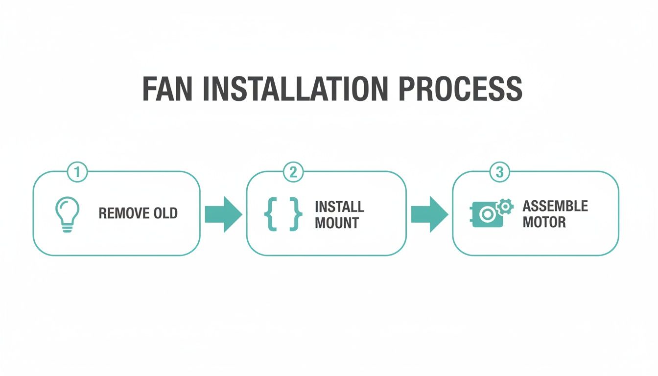 A three-step infographic outlining the fan installation process: remove old, install mount, and assemble motor.