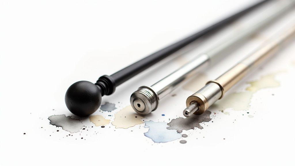 Three metallic downrods for ceiling fans in black, silver, and brass finishes on a splattered white surface.