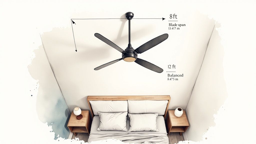 Overhead view of a modern bedroom with a black ceiling fan and wooden bed.