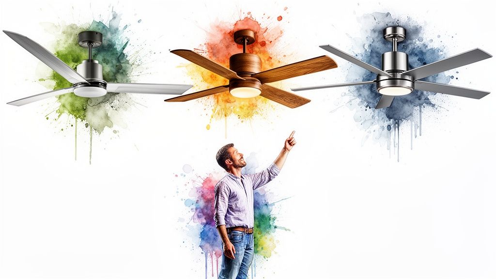 A man points at one of three modern ceiling fans with lights against colorful watercolor splashes.