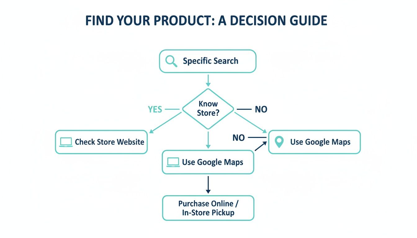 A flowchart decision guide for finding a product, using specific search, store websites, or Google Maps.