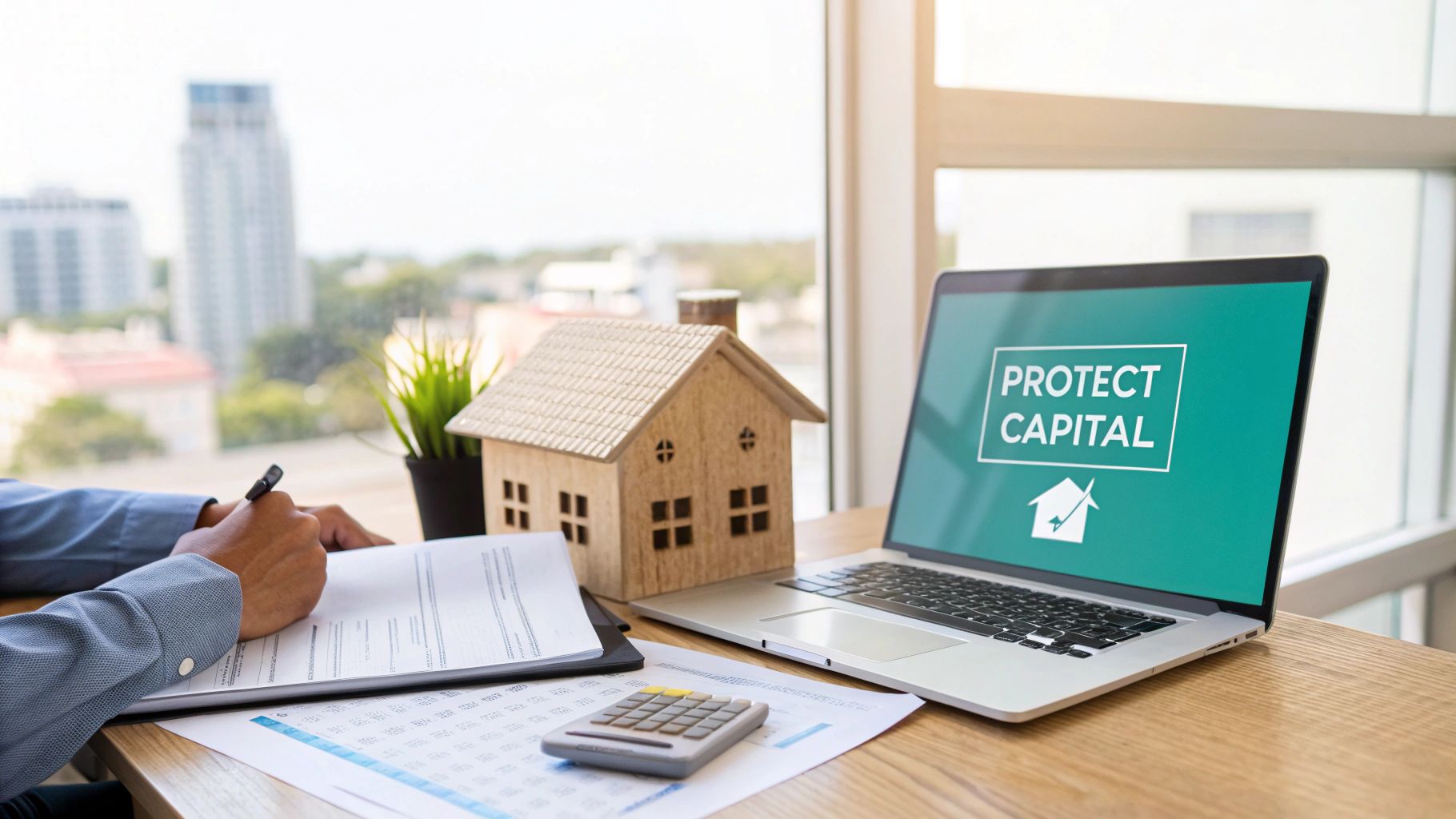 Person signing real estate documents at a desk with a model house and laptop showing 'Protect Capital'.