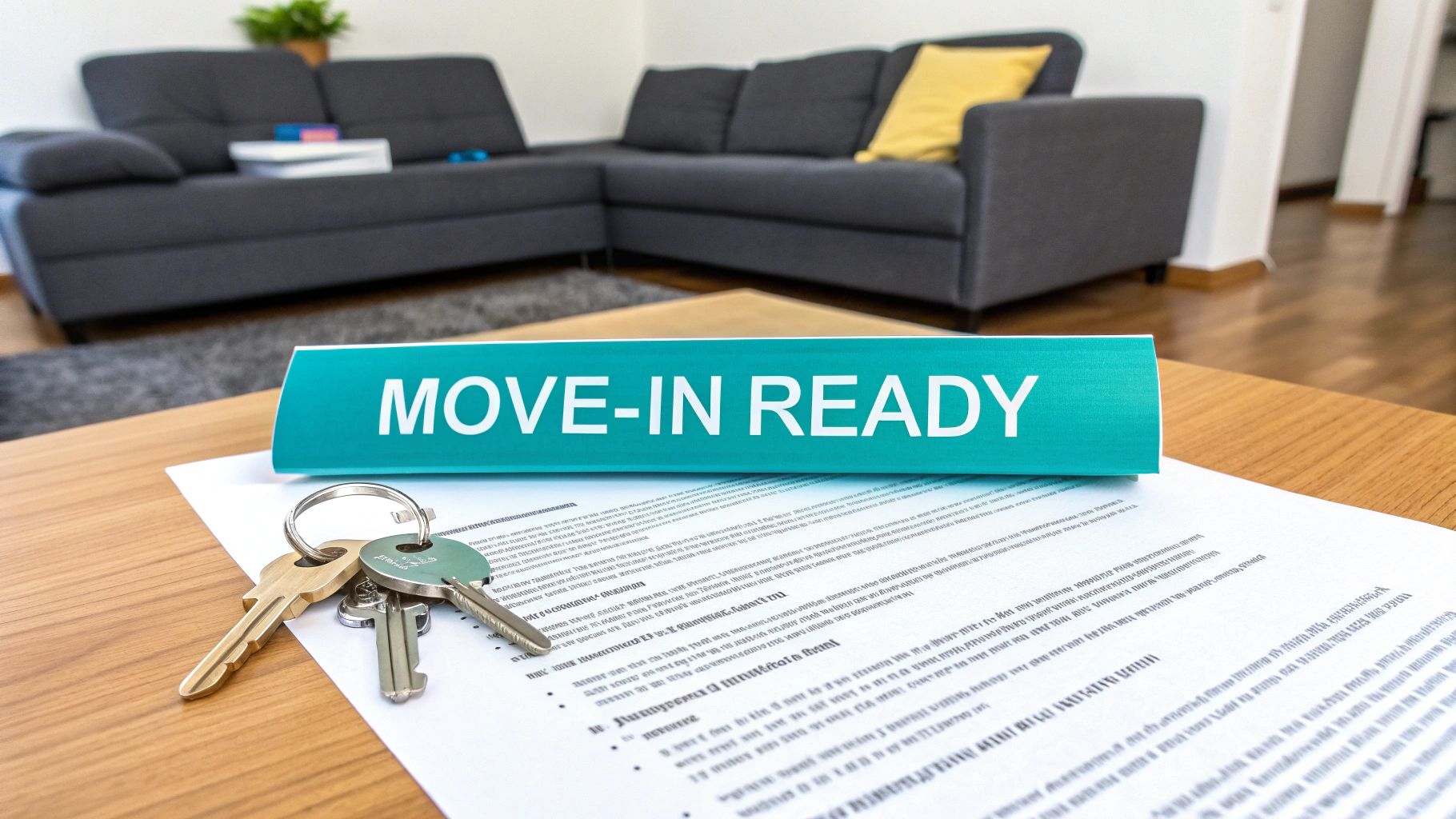 A 'MOVE-IN READY' sign, house keys, and a document on a table with a modern living room in the background.