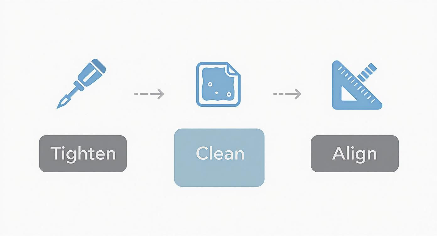 Visual guide showing three steps: tighten (screwdriver icon), clean (dirty paper icon), and align (ruler icon).