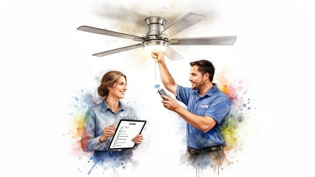 Man installing a modern ceiling fan with remote, observed by a woman with a tablet checklist.