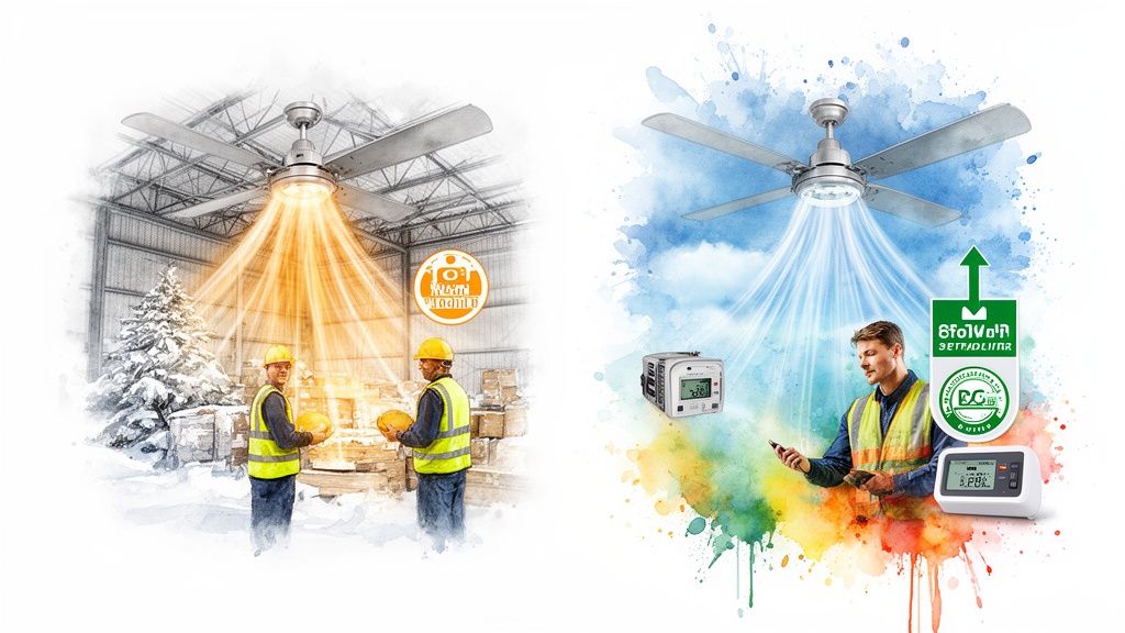 Industrial ceiling fans providing heating in winter and cooling in summer for optimal climate control with workers.