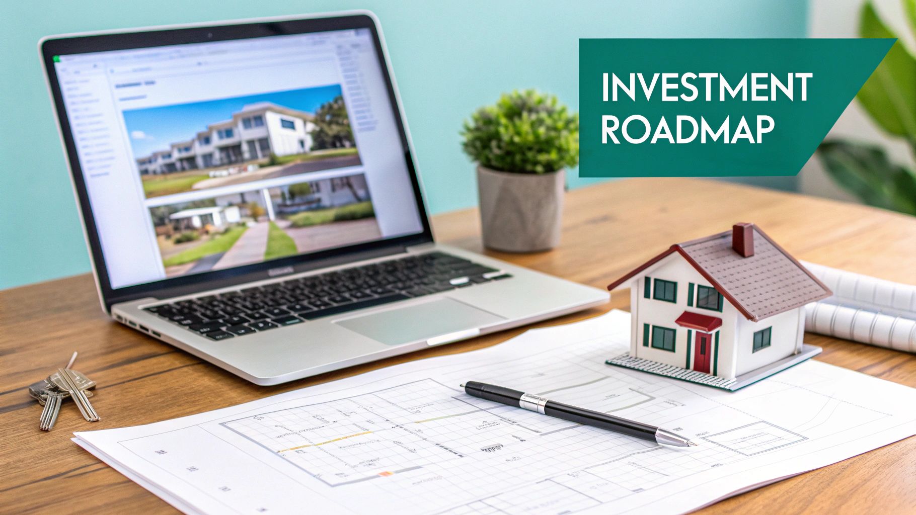 Laptop showing real estate listings, a house model, and building plans on a desk, illustrating an investment roadmap.