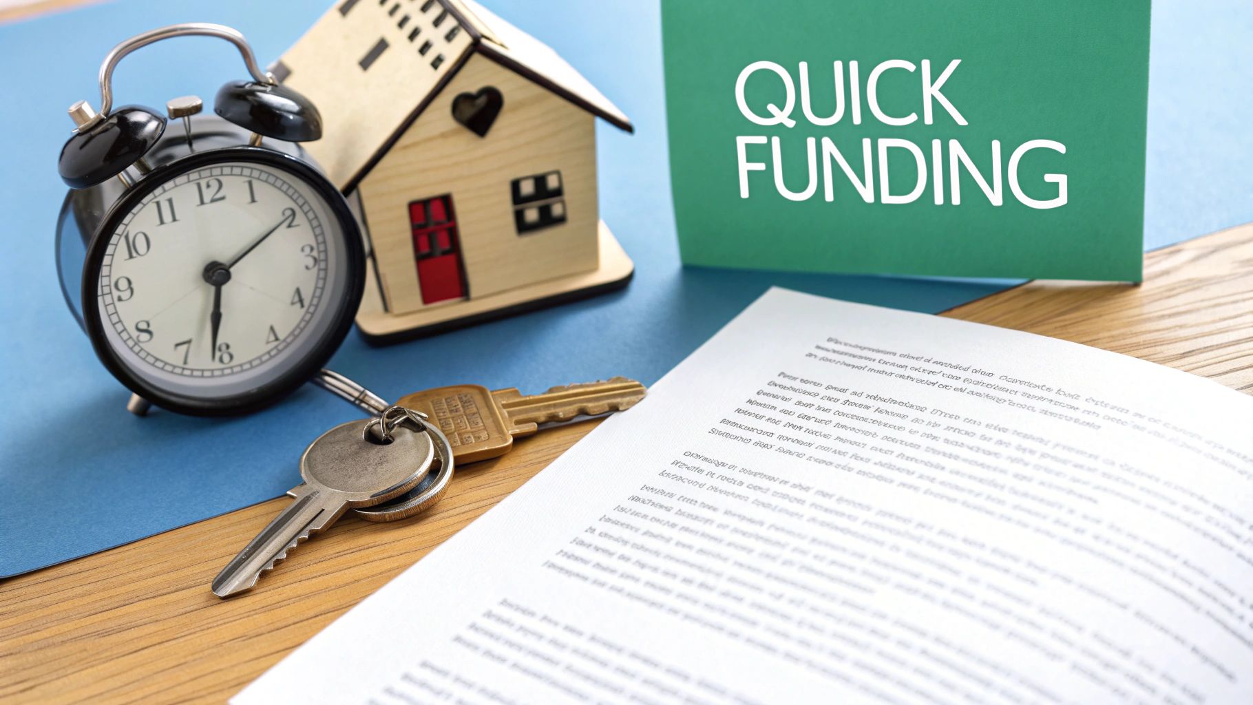 A house model, alarm clock, keys, and a document with 'QUICK FUNDING' for real estate.