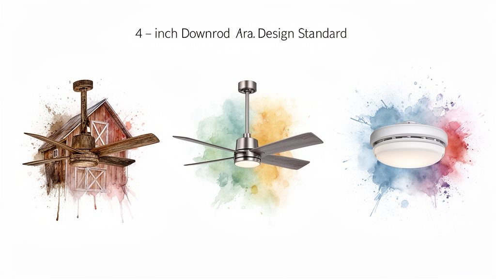 Three distinctive ceiling fans with different styles, including rustic wood and modern brushed nickel, displayed with watercolor art.