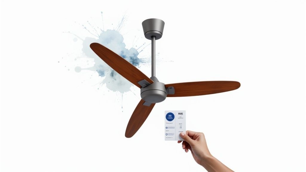 A minimalist white modern ceiling fan with three blades against a white ceiling.