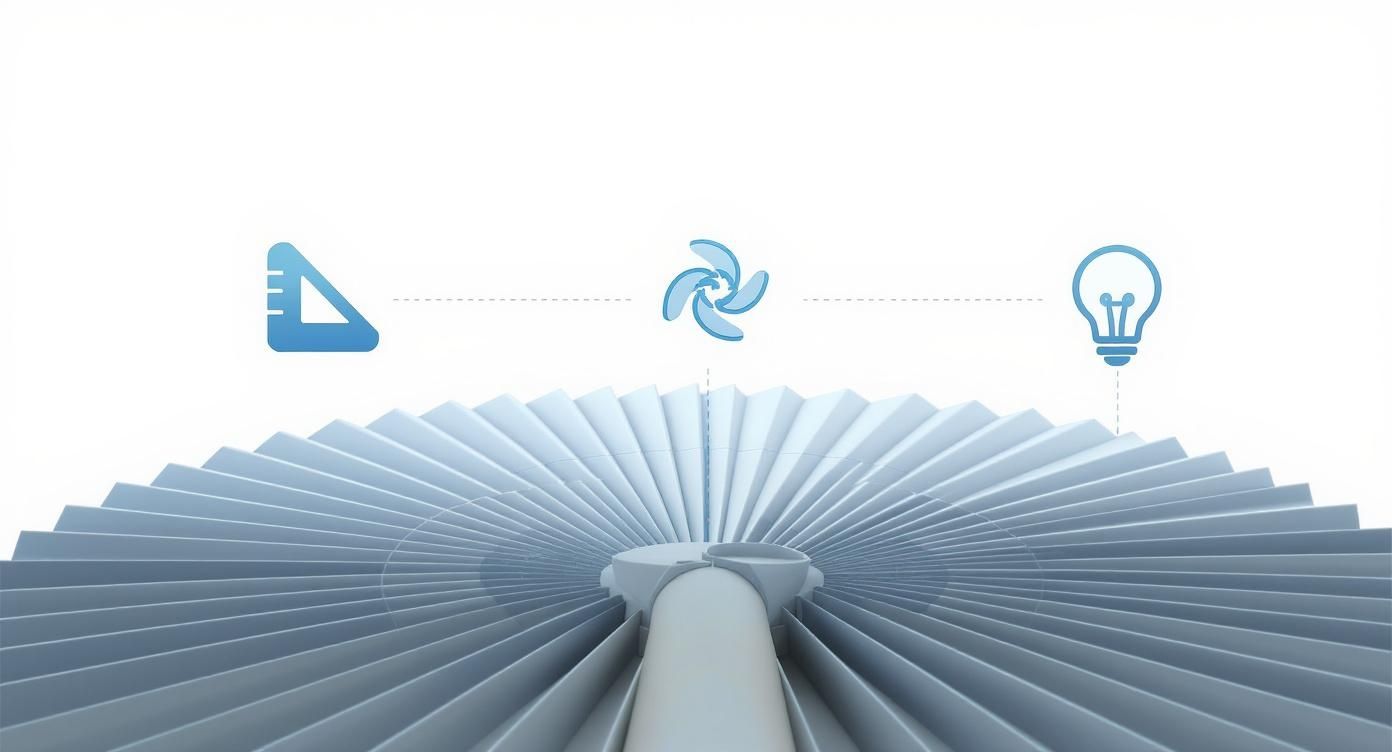 Wind turbine engineering design process diagram showing measurement tools, turbine blades, and innovation lightbulb concept