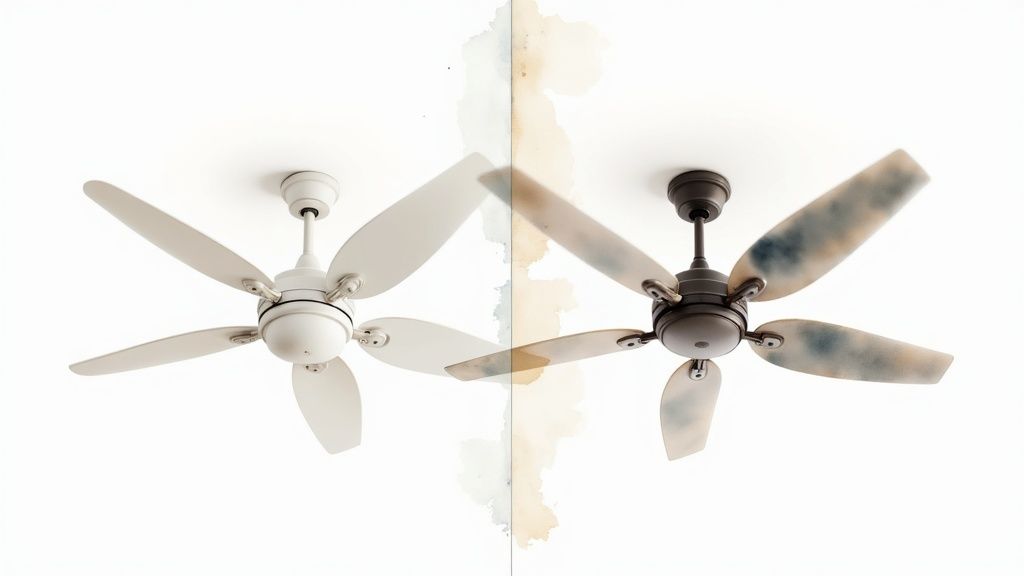 Before and after comparison of white ceiling fan showing dust accumulation and cleaning results