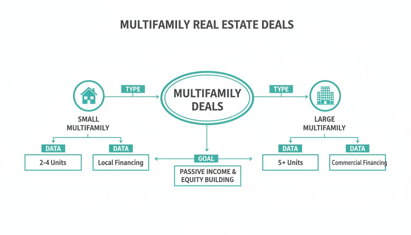 Flowchart explaining multifamily real estate deals, differentiating small and large properties, financing, and investment goals.