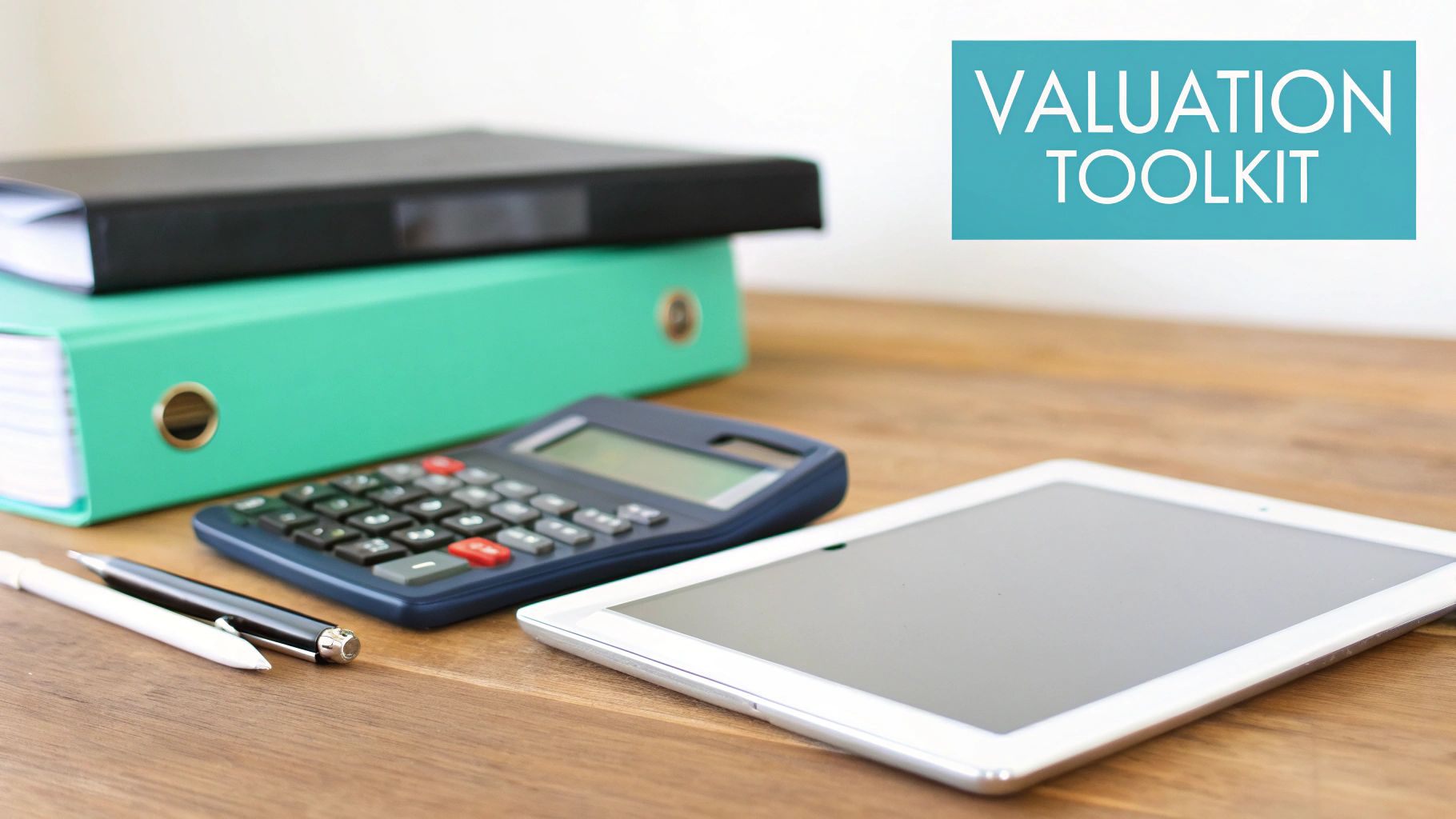 A valuation toolkit with binders, calculator, pens, and a tablet on a wooden desk.
