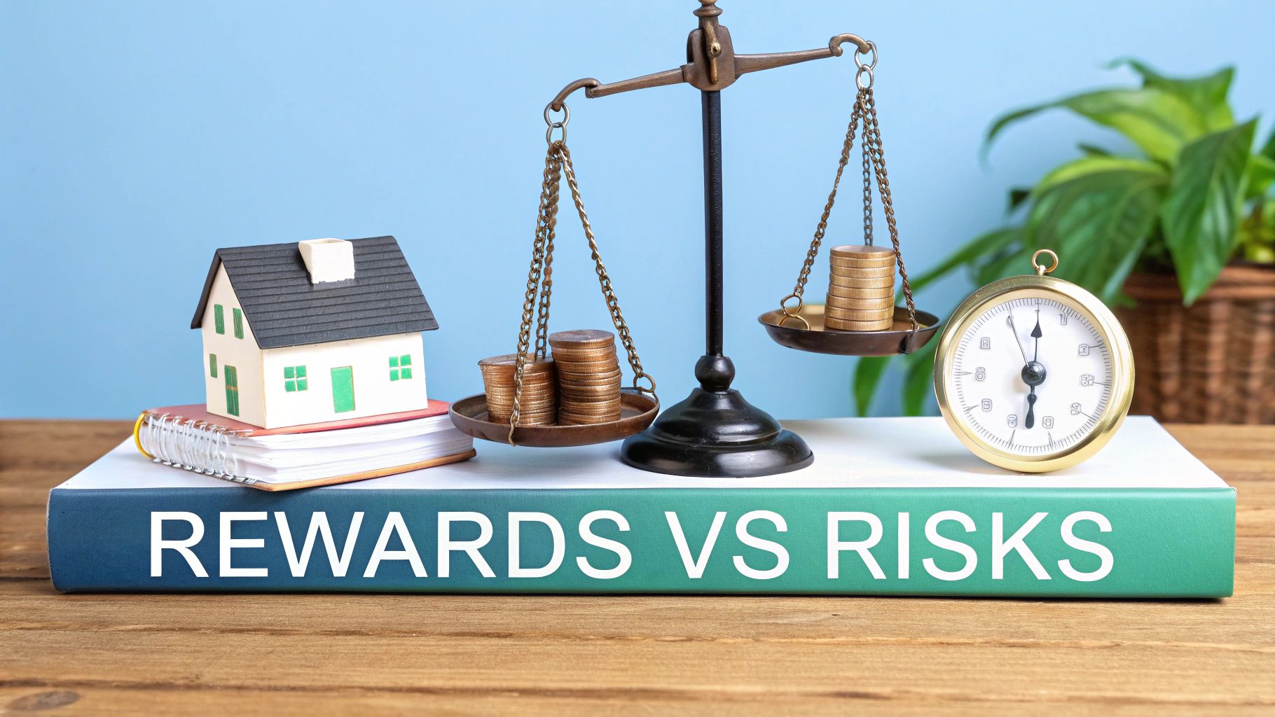 A balance scale with coins, a house model, and a clock on books titled 'REWARDS VS RISKS'.