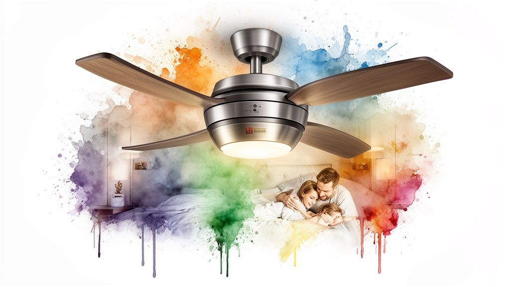 Modern ceiling fan with wood blades and integrated light, above a family in bed, with watercolor art.