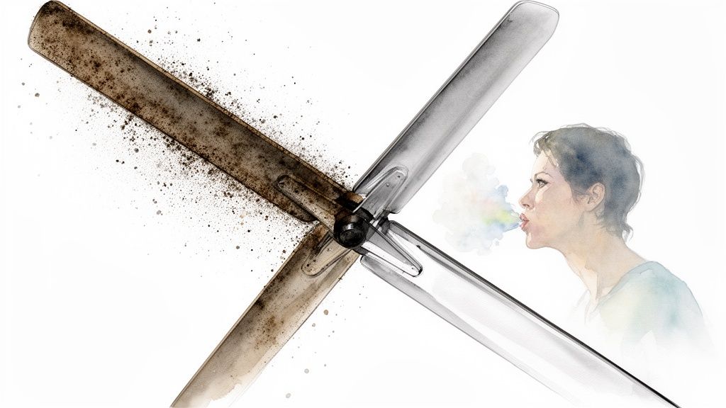 Watercolor illustration of a dirty fan blade contrasted with a clean one, and a woman blowing fresh air.