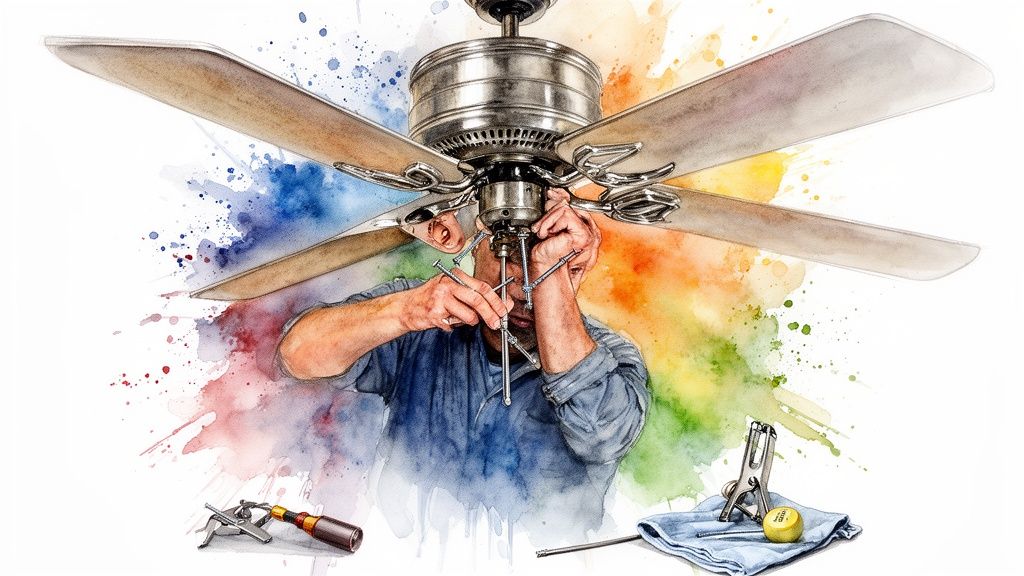 A watercolor illustration of a person installing a ceiling fan surrounded by colorful paint splashes.