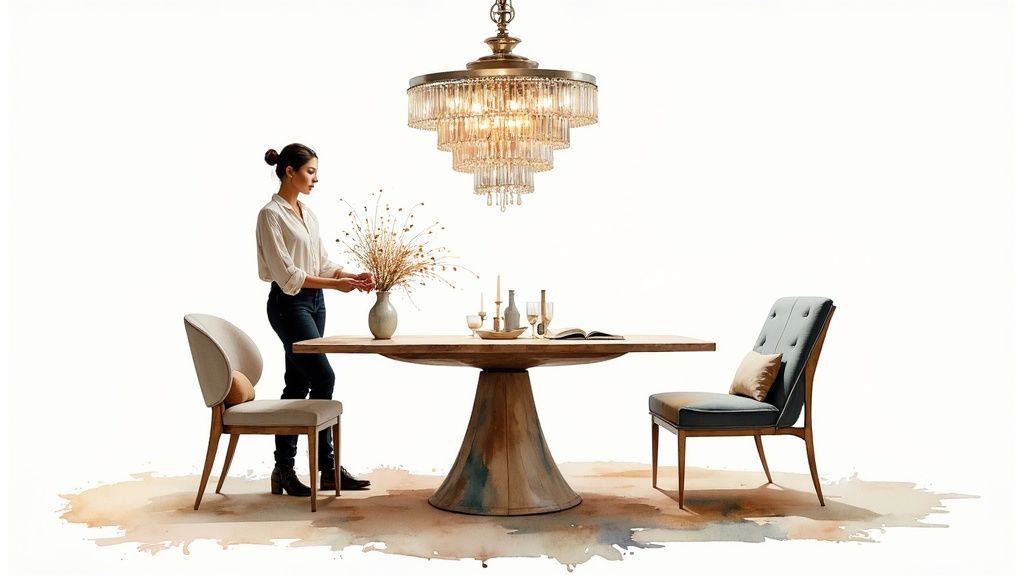 A crystal ceiling fan with lights styled beautifully in a modern living room