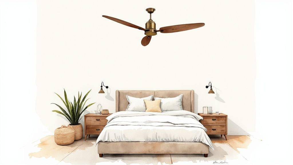 A stylish living room with a vintage ceiling fan that complements the Mid-Century Modern decor.