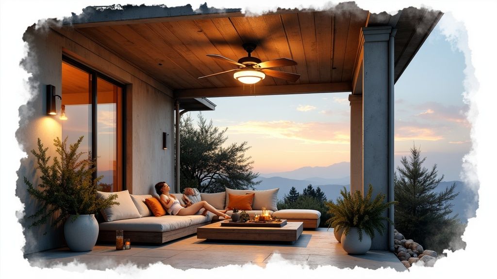 A stylish outdoor ceiling fan installed on a covered patio with comfortable seating.
