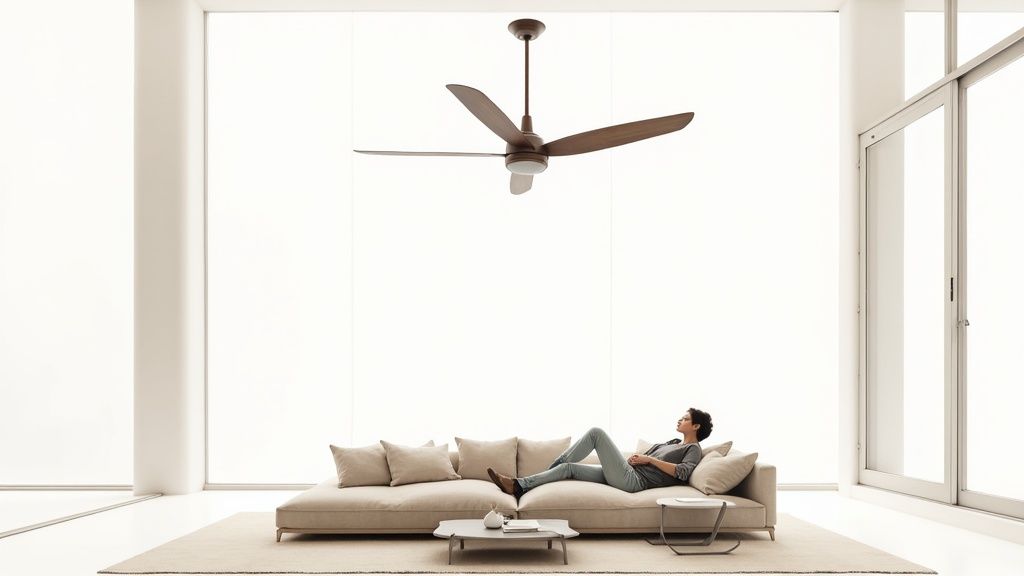 A woman relaxes on a sofa in a bright, modern living room with a large ceiling fan.