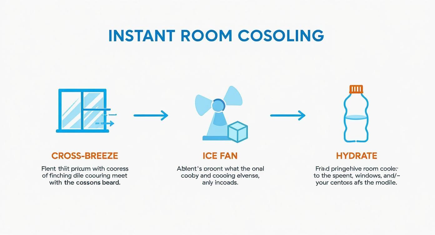 Diagram showing how to instantly cool a room using cross-breeze, an ice fan, and hydration.