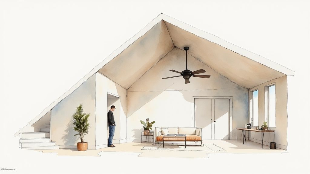 Architectural watercolor sketch of a modern living space with a high ceiling, fan, and furniture.