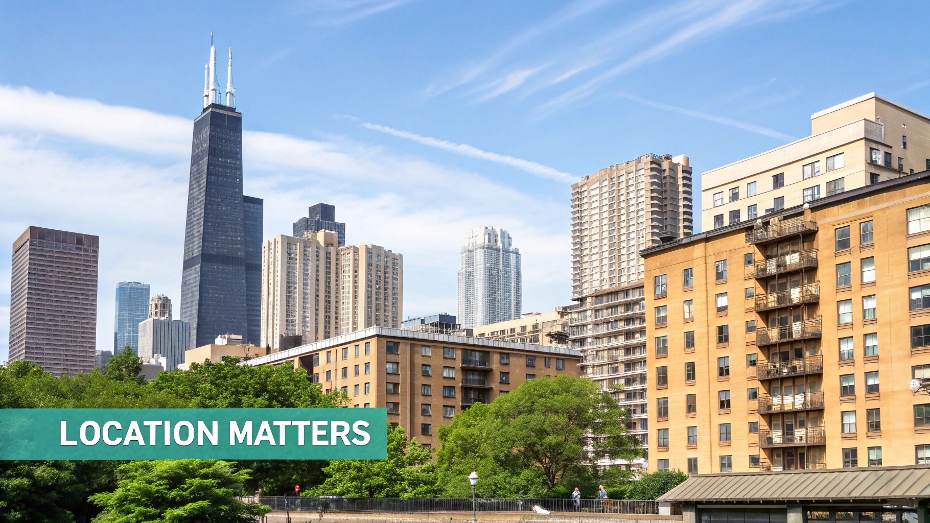 A panoramic view of the Chicago skyline featuring the iconic Willis Tower, residential buildings, and green trees.