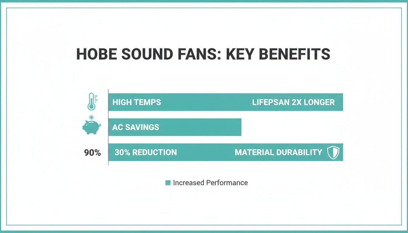 Infographic details Hobe Sound fans' key benefits: longer lifespan, AC savings, and improved material durability.