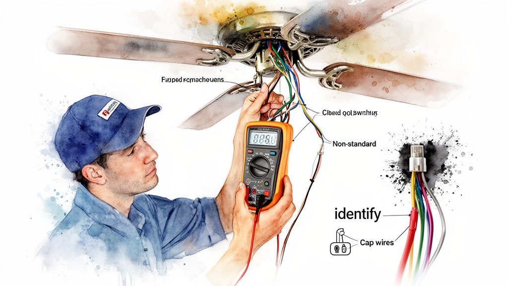 An illustration shows a technician using a multimeter to test the complex wiring of a ceiling fan.