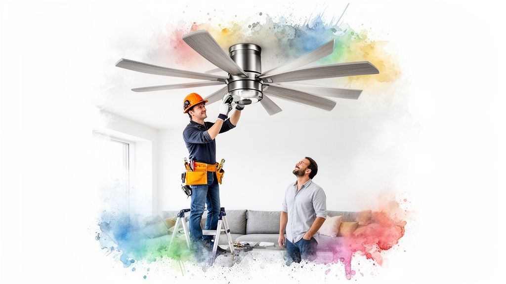 An electrician on a ladder installs a modern ceiling fan in a living room as the homeowner watches.
