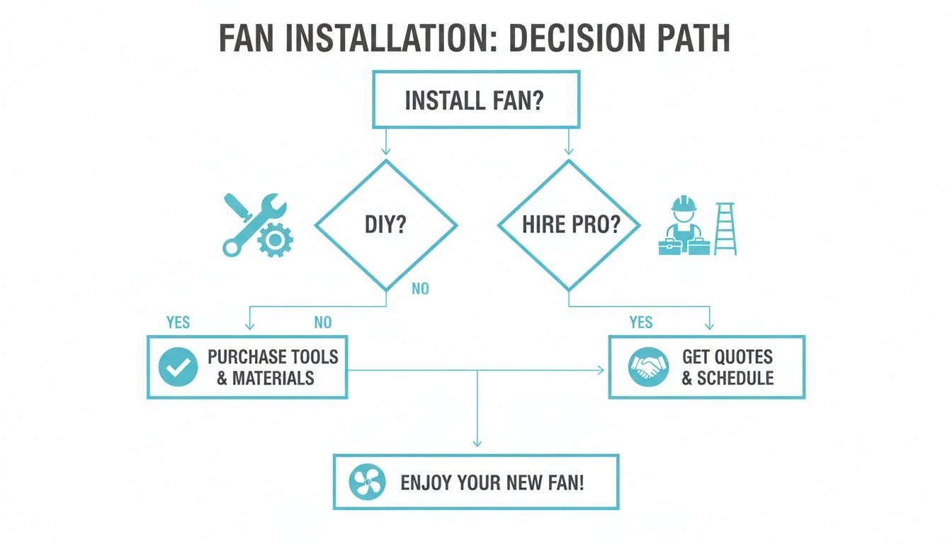 A flowchart detailing the fan installation decision path, including DIY or hiring a professional options.