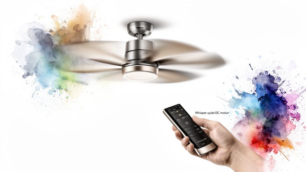 A modern ceiling fan with spinning blades and a hand holding a remote control against a vibrant watercolor background.