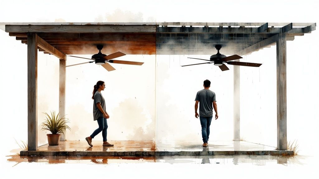 An outdoor ceiling fan installed in an open-air pergola surrounded by greenery.