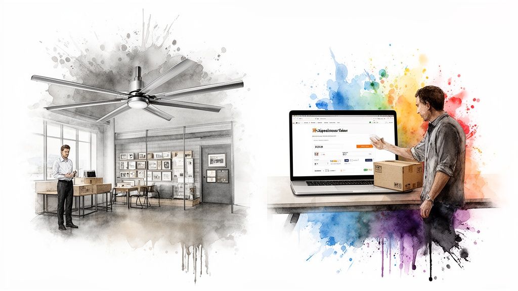 A split image showing an industrial ceiling fan and a man making an online purchase.