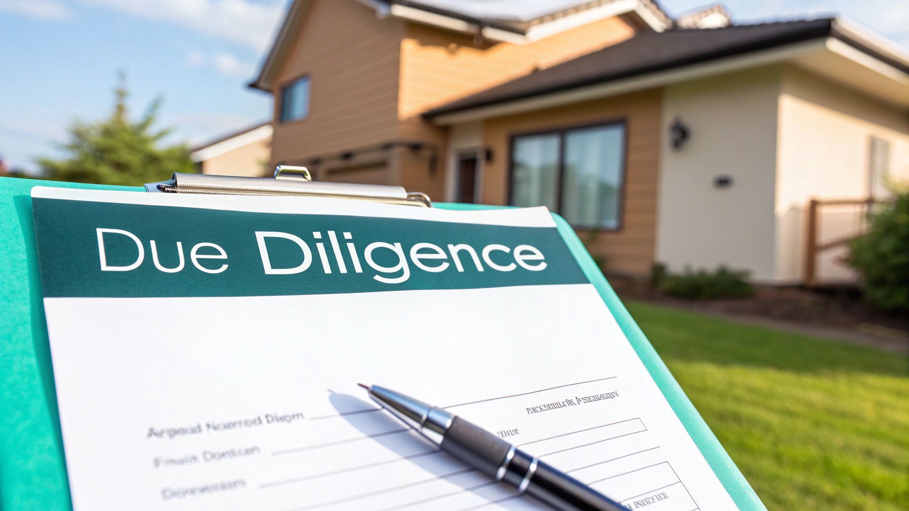 A close-up of a "Due Diligence" document on a clipboard with a pen, set against a modern house.