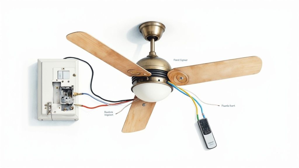 Detailed diagram showing ceiling fan wiring connected to a wall switch and remote receiver.