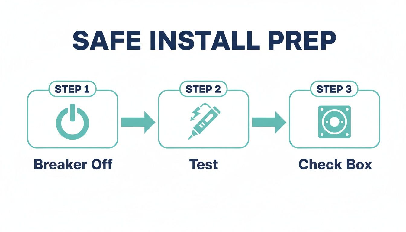 Three steps for safe electrical installation prep: turn breaker off, test, and check the box.