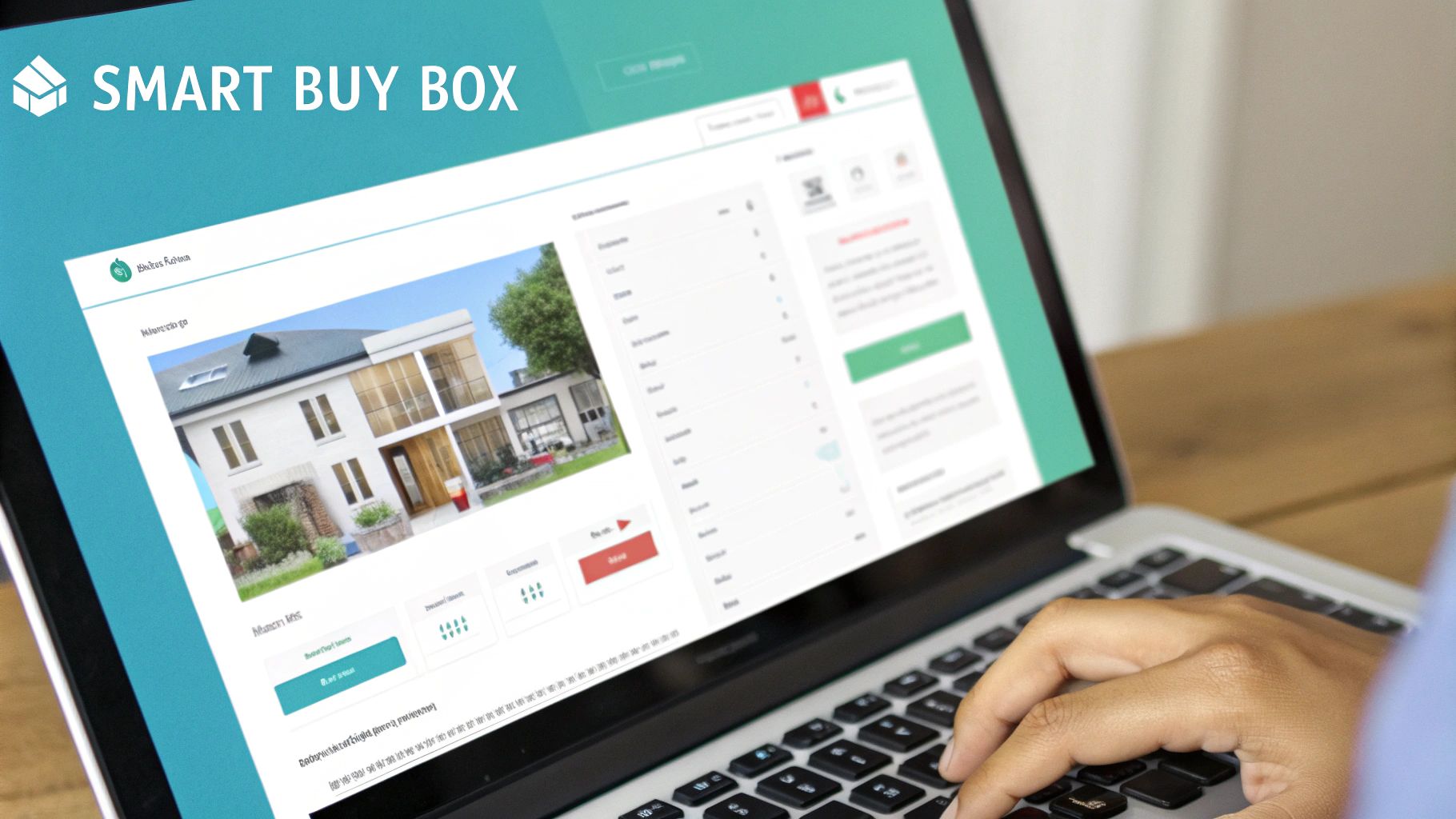 Person using a laptop displaying a property listing website with a house image and "SMART BUY BOX" text.