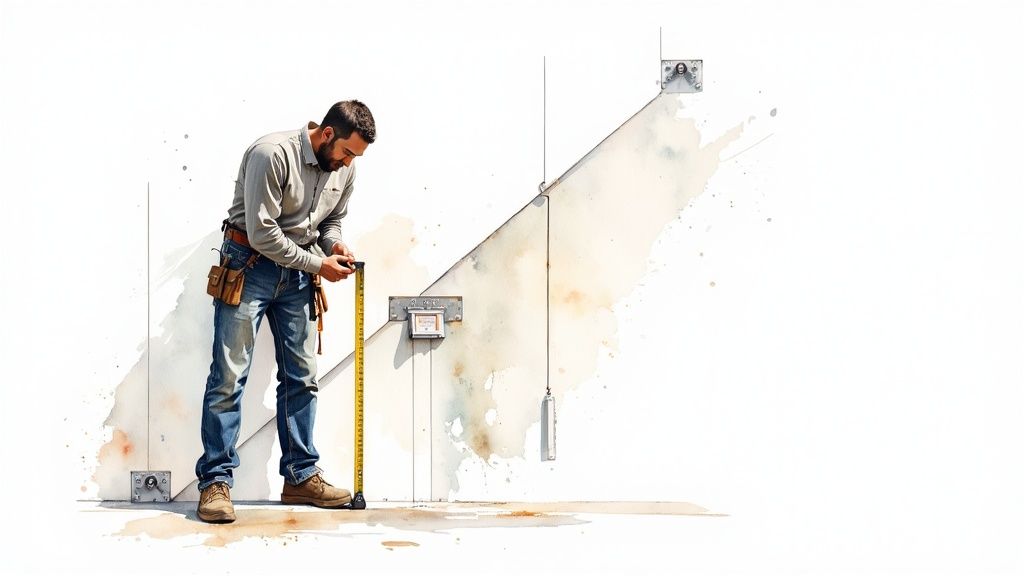 A professional installer on a ladder carefully mounting a large commercial ceiling fan to a high ceiling beam.